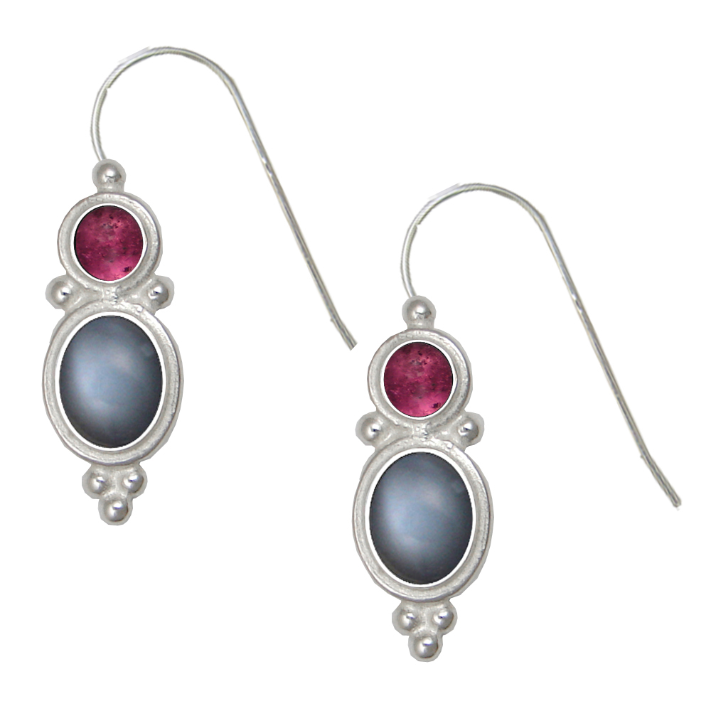 Sterling Silver Drop Dangle Earrings Grey Moonstone And Pink Tourmaline